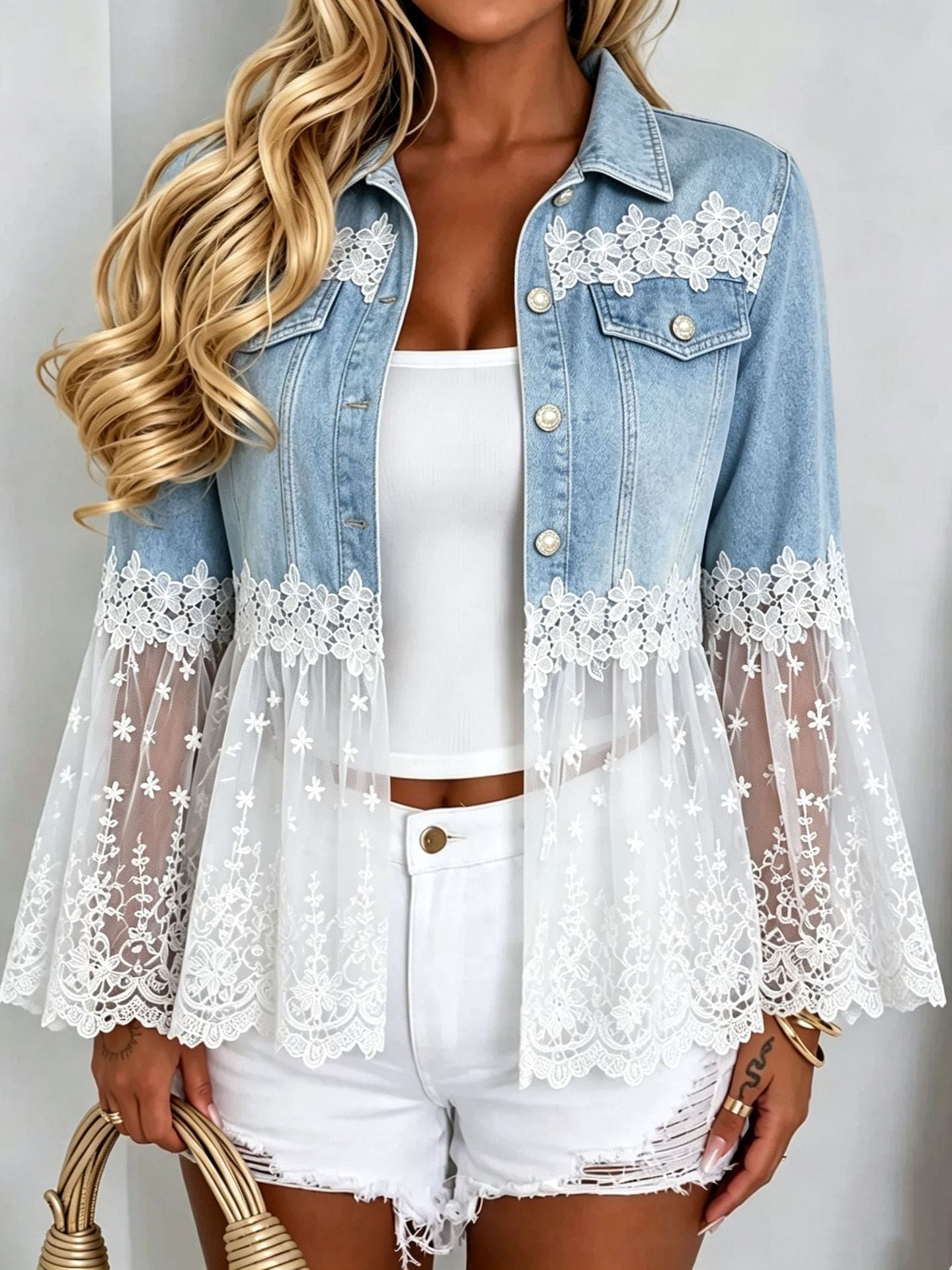 Veste en Denim en dentelle et en mailles