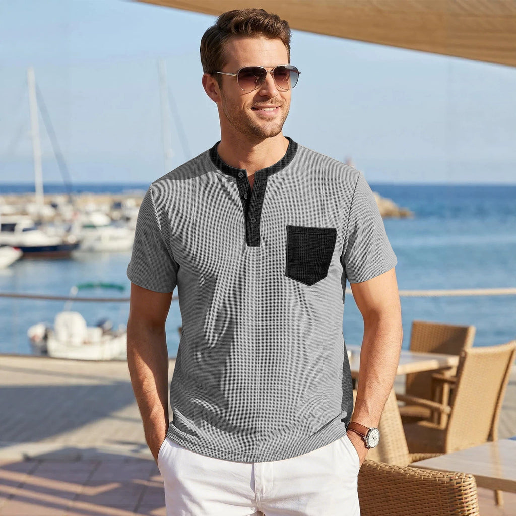 Hommes Waffle Knit Henley T-shirt avec la couleur contrastante Pocket Plus Taille Casual Respirant Shor