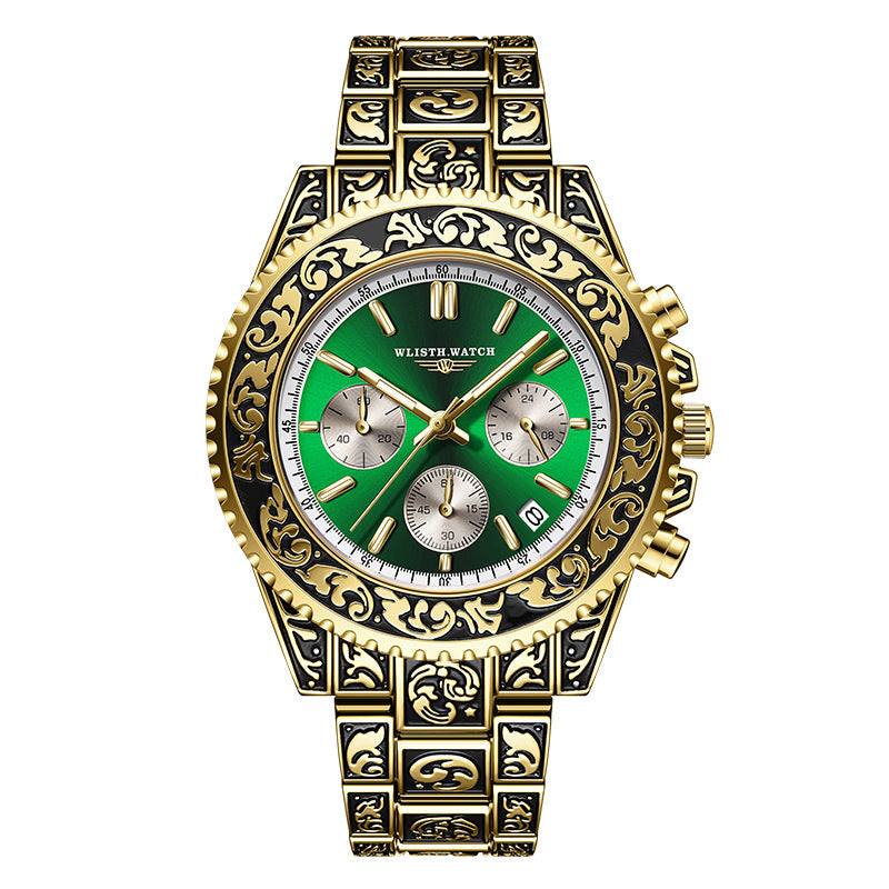 Vintage Engraving Quartz Multifunction Men's Watches