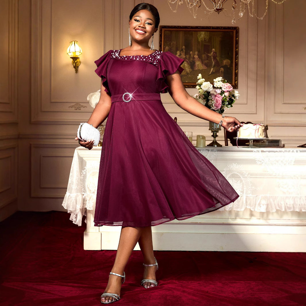 Été Mesh Papillon Manches Ruffes Soirée Mariage Invité Robe élégante