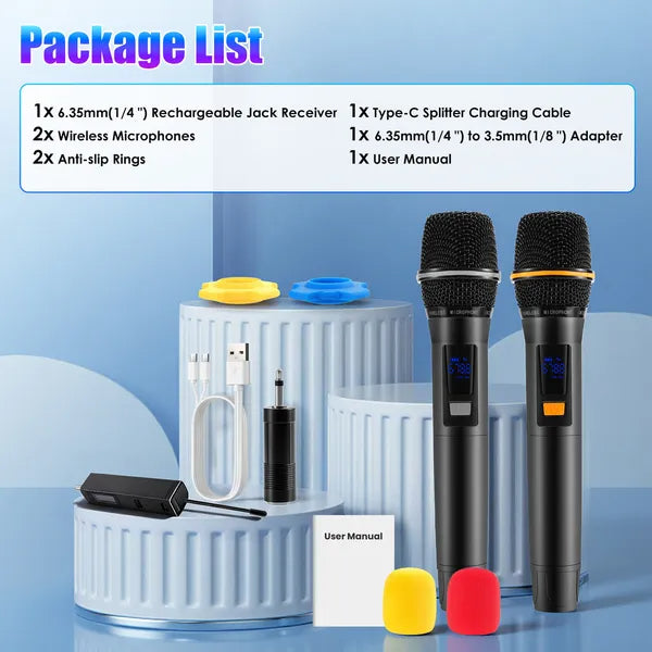 Microphones sans fil UHF Microphones sans fil rechargeables Mics à main métallique Wit