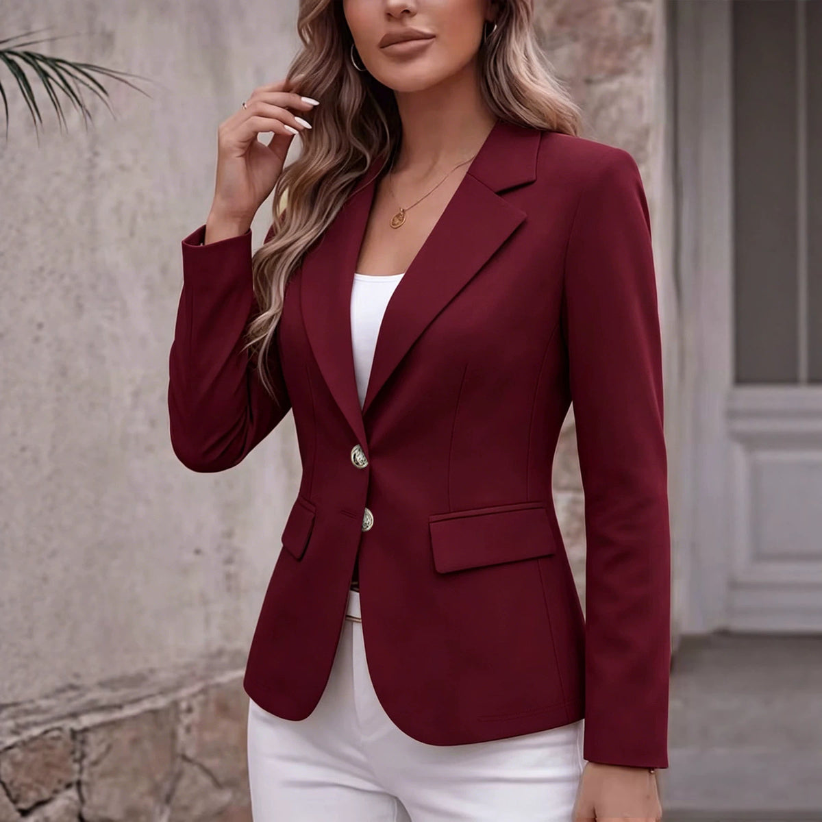 Notch-lapel à deux boutons Flap-pocket manches longues Petite Blazer Cardigan Coat
