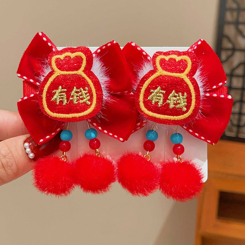 Style chinois Lion danse Bow-tie Tassel Pom-pom Clip cheveux pour les enfants