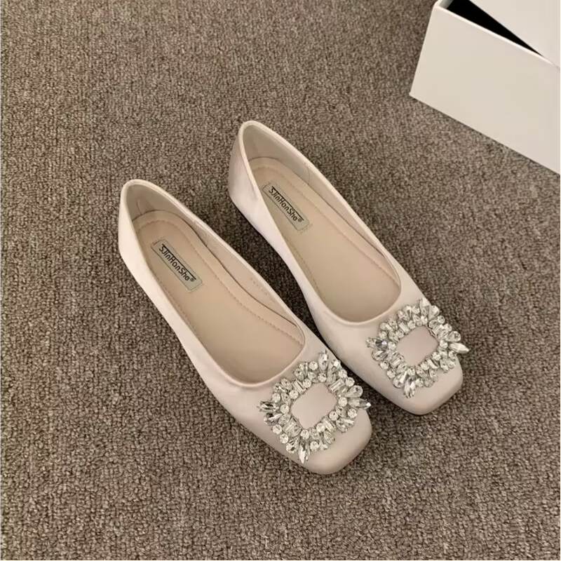 Femmes Sparkling Square Strass Buckle Square Toe Flats Loafers
