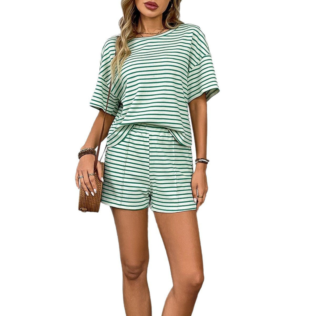 Women's Summer Knit Striped Mode Casual Shorts Ensemble sportif