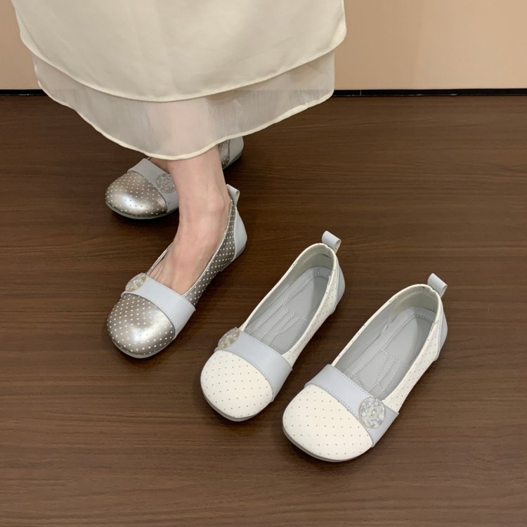 Femmes Tour d'orteil Polka Dot Mary Jane Flats Bloc de couleur Perle éplissée Buckle Soft Sole Slip