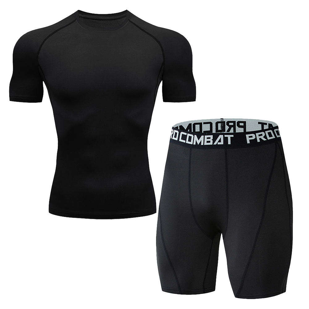 Hommes Quick Dry Compression costume 2 pièces Athletic Short Sleeve Tight Chemise Elastic Waist Sp