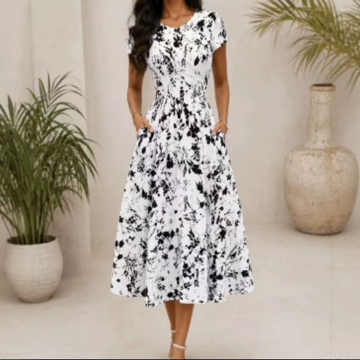 Women's trendy printed long dress with short sleeves