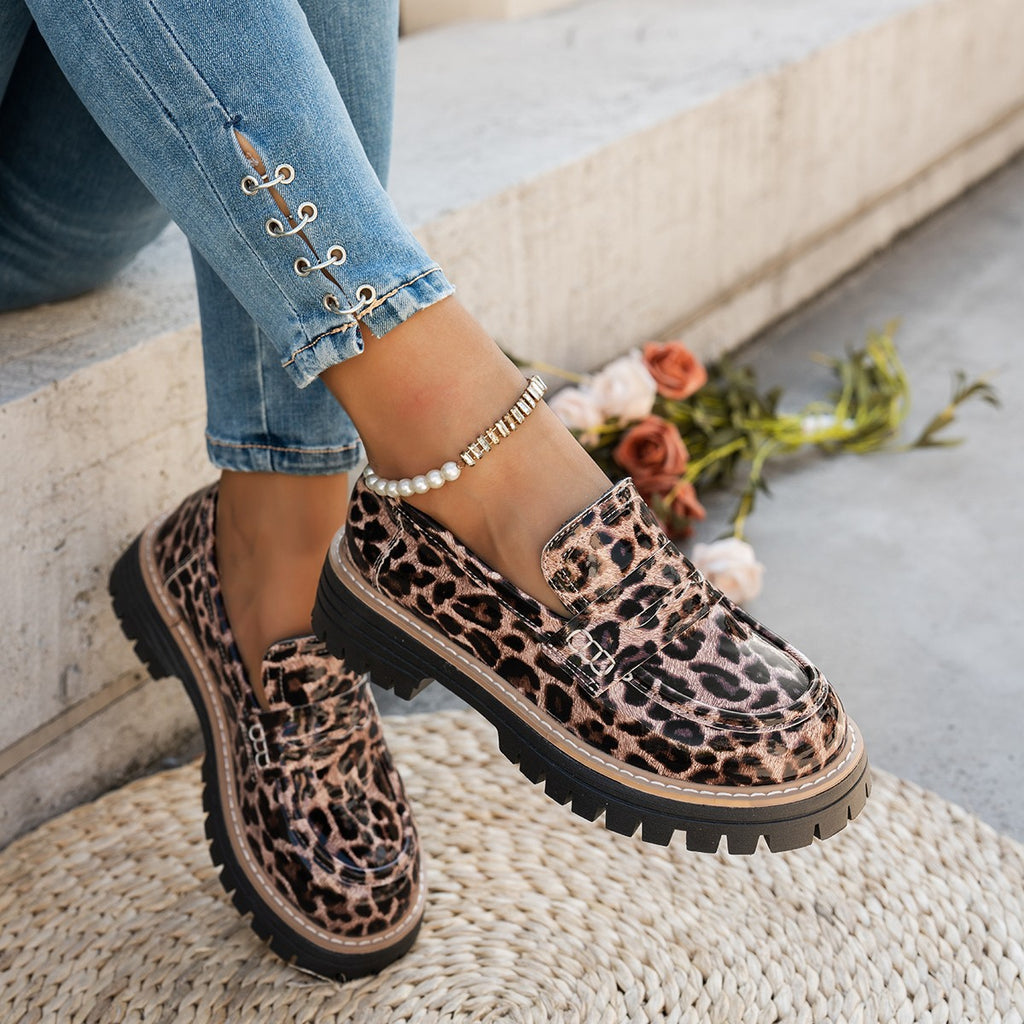 Cuir d'automne ceinture-Buckle Patent cuir Leopard-Imprimé Vintage Femmes Chaussures