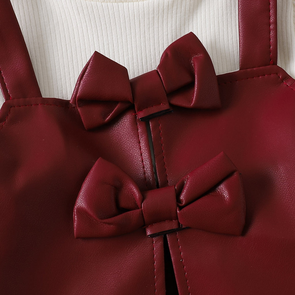PU en cuir Princesse style manches longues Bow Tie Faux Ensemble deux pièces