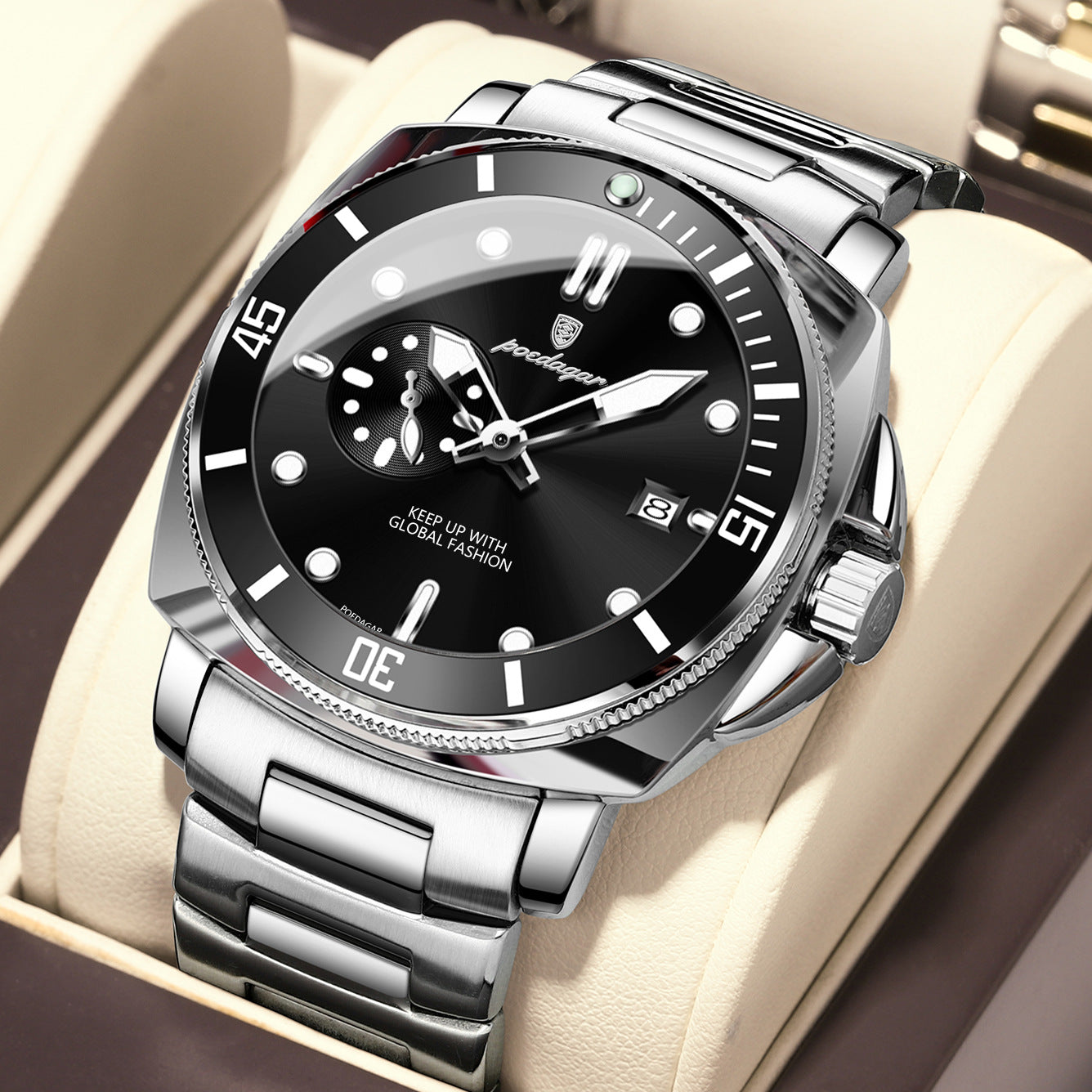 Homme Bande d'acier étanche Montre à quartz lumineux élégant