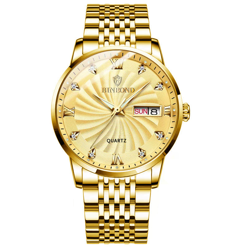 Fashion Quartz Montres en acier Ceinture Double Calendrier Montres Homme Imperméable
