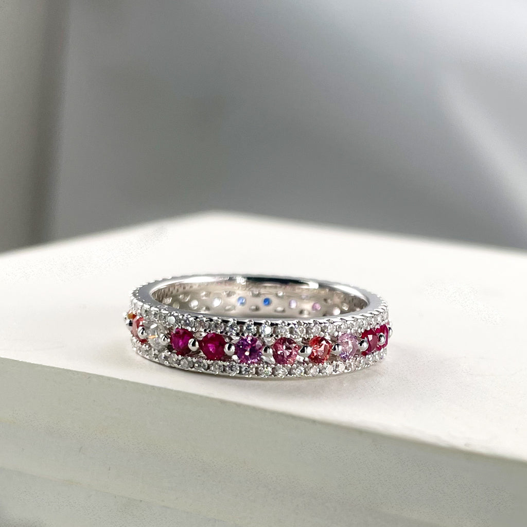 S925 Argent Sterling Rainbow Lab-Grown Gemstone Anneau d'éternité Pave Moissanite États-Unis Taille 5-9