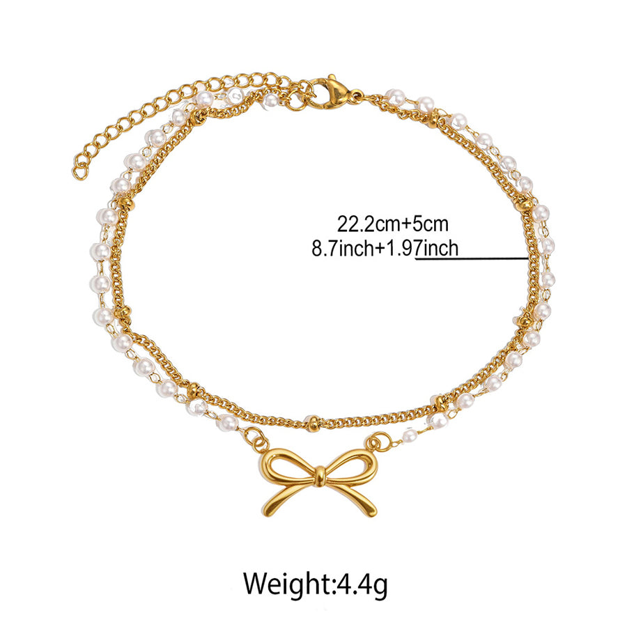 Femmes Double couche Anklet or ton Bow noeud perle artificielle perle bracelet ajust