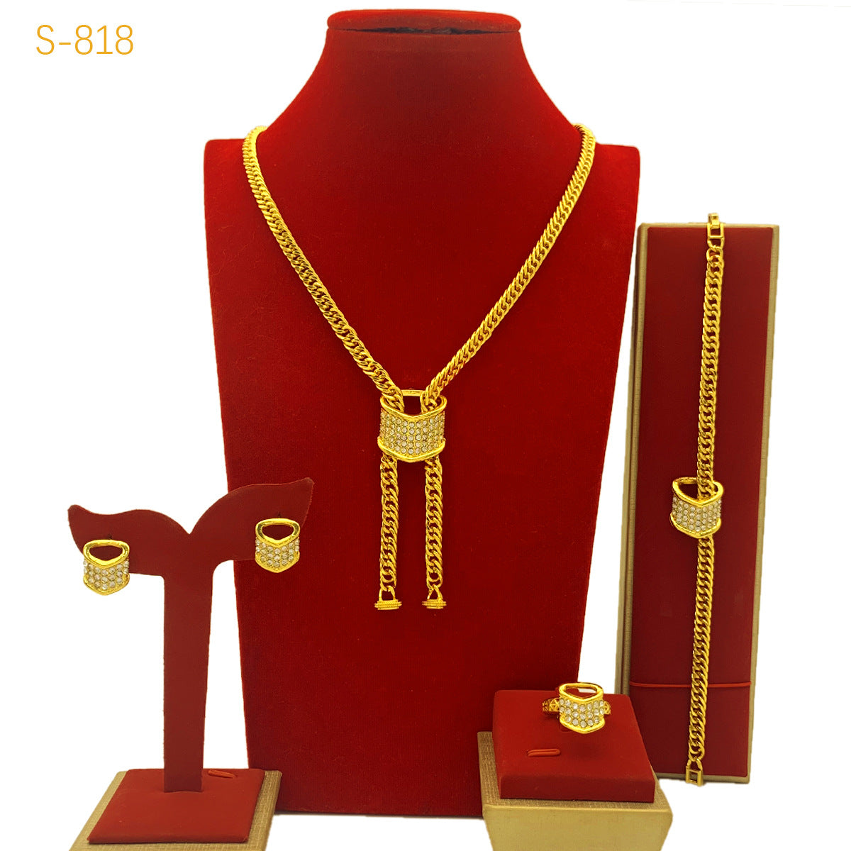 Meilleures ventes Dubai Bride 24k Collier plaqué or Bracelet Boucle d'oreille Bague de quatre pièces