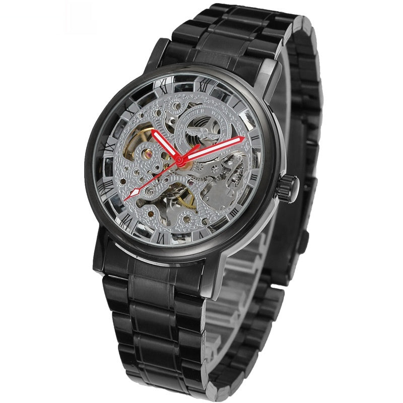 Lauréat Round Hollow Transparent Montre en acier mécanique