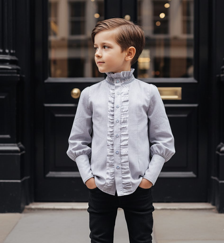 Garçons Chemise en coton manches longues Formel Casual Top Bleu Gris Enfants 3-14Y