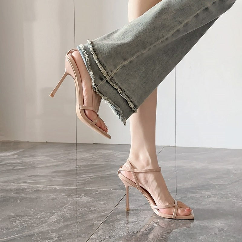 Femmes Minimalist Double Strap Strap Square ouvert Toe Stiletto Talon Sandales correspondant Casual D