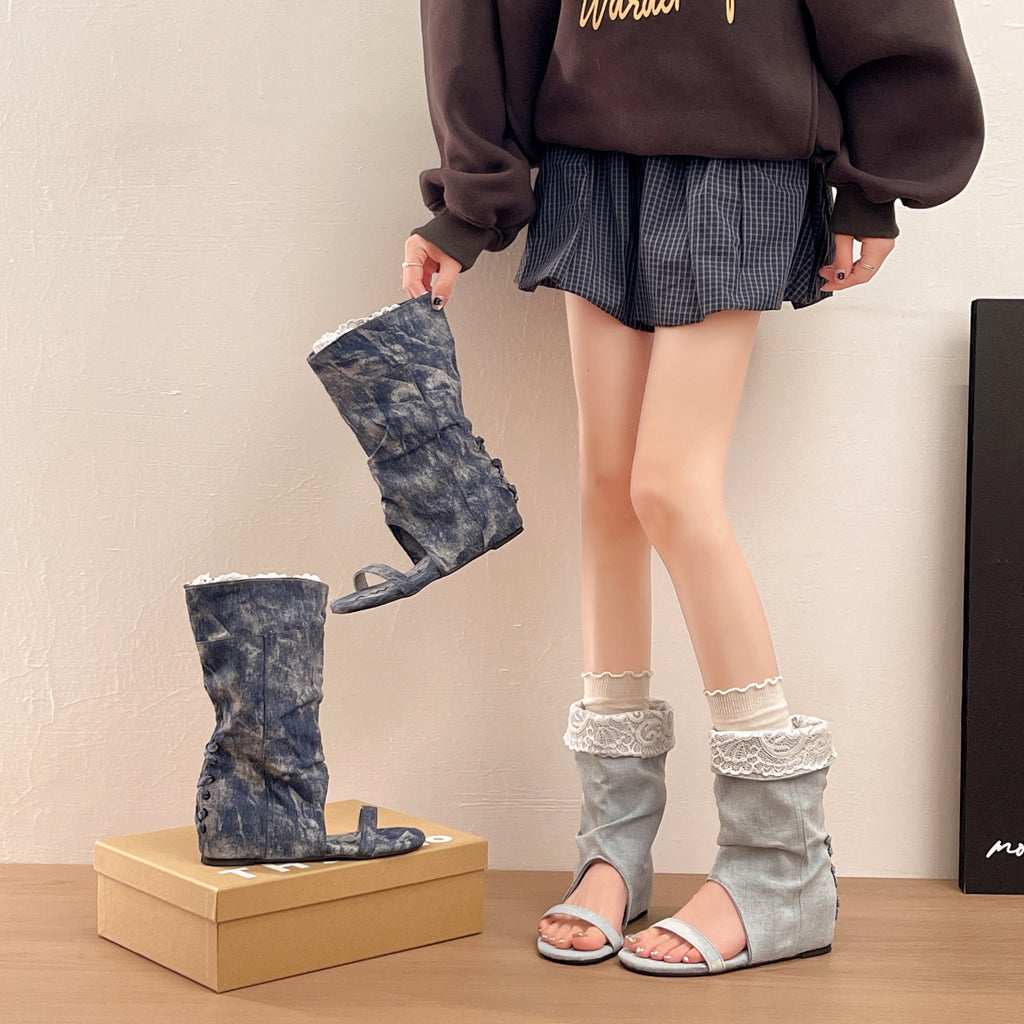 Women's Washed Denim Slouch Open Long Boots