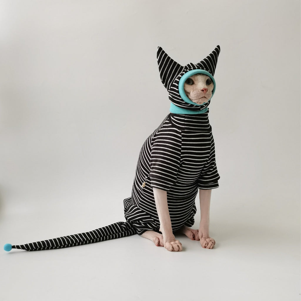 Sphynx Chat Pyjamas rayé Quatre vêtements à pattes avec queue et chapeau