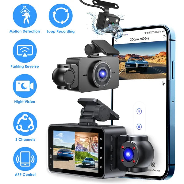 WiFi FHD 1080P 3 canaux voiture Dash Cam arrière à l'intérieur avec détection de mouvement de carte MMC 32G