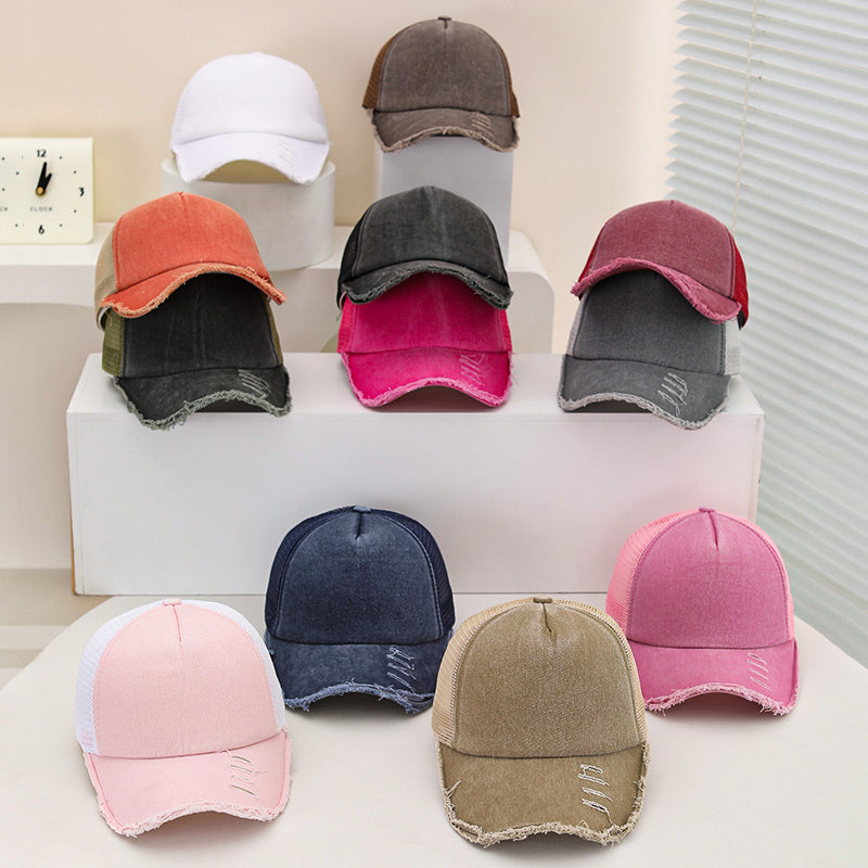 Hommes et femmes style large trou rembourré bord éponge lavé Top Patchwork Mesh Trucker Cap