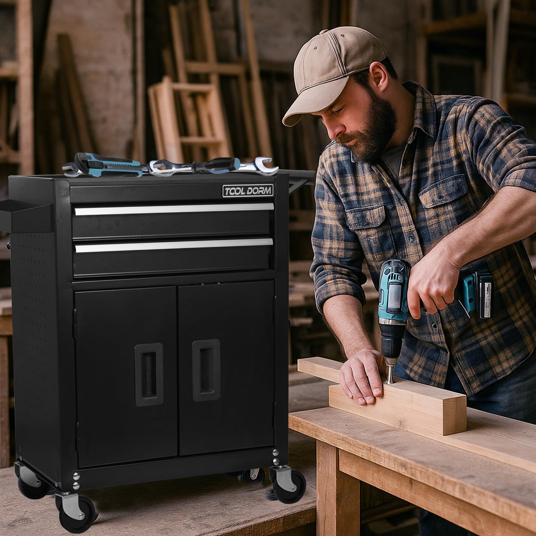 Uniquement pour la livraison sur waybill Cabinet à double porte avec deux tiroirs Panier d'outils TT202BK