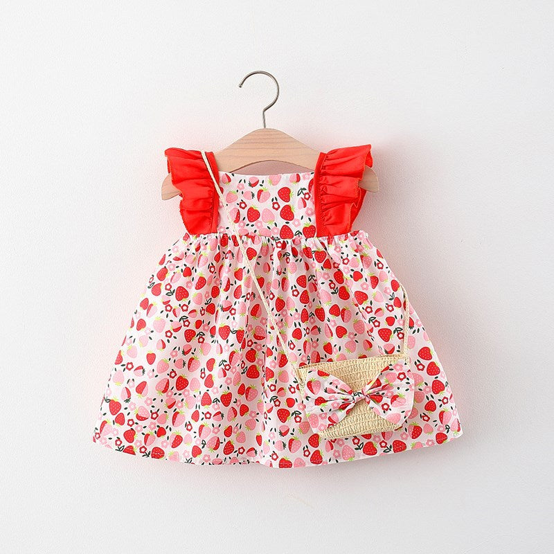 Bébé fille Flounced Sleeve Robe Gratuit Bamboo Panier Satchel