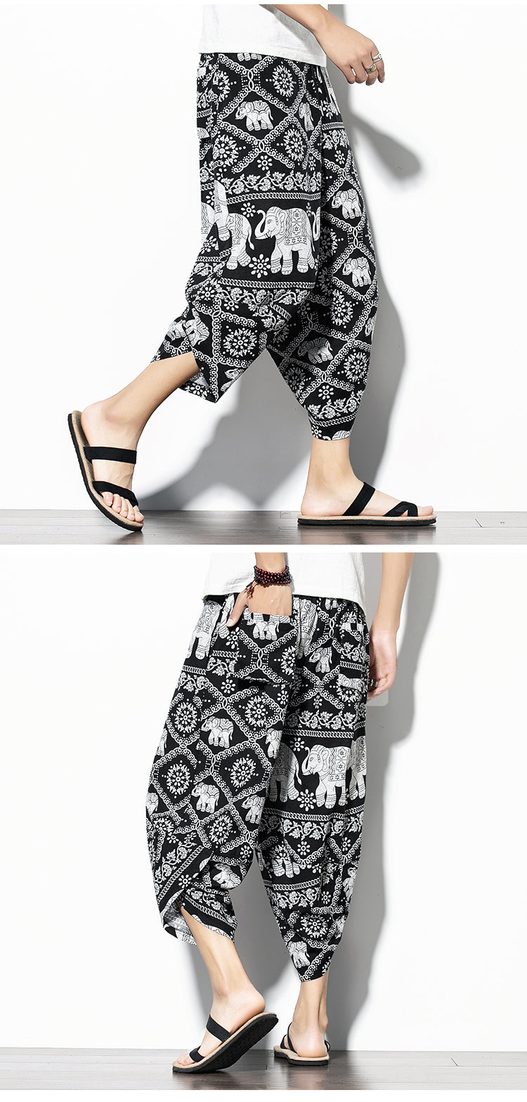 Pantalon imprimé en coton et en lin