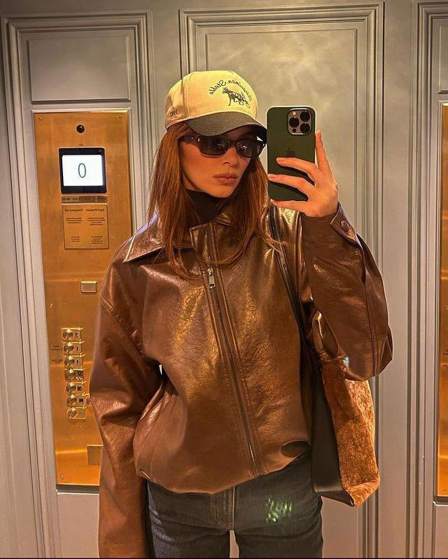 Veste de moto vintage en cuir brun pour femme
