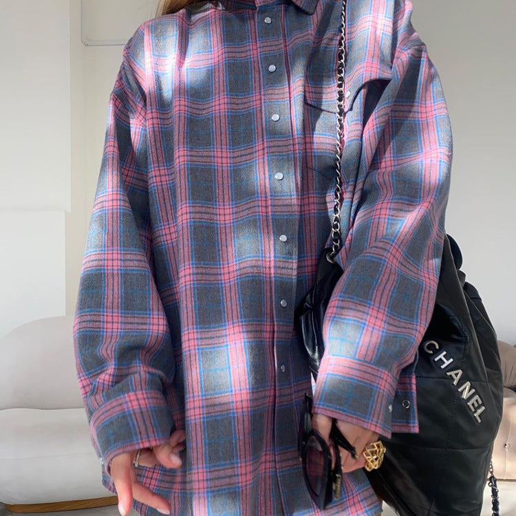 Chemise pour femme d'Amazon Ozon Style rétro enroulé Printemps Automne Hiver Plaid Poche à manches longues
