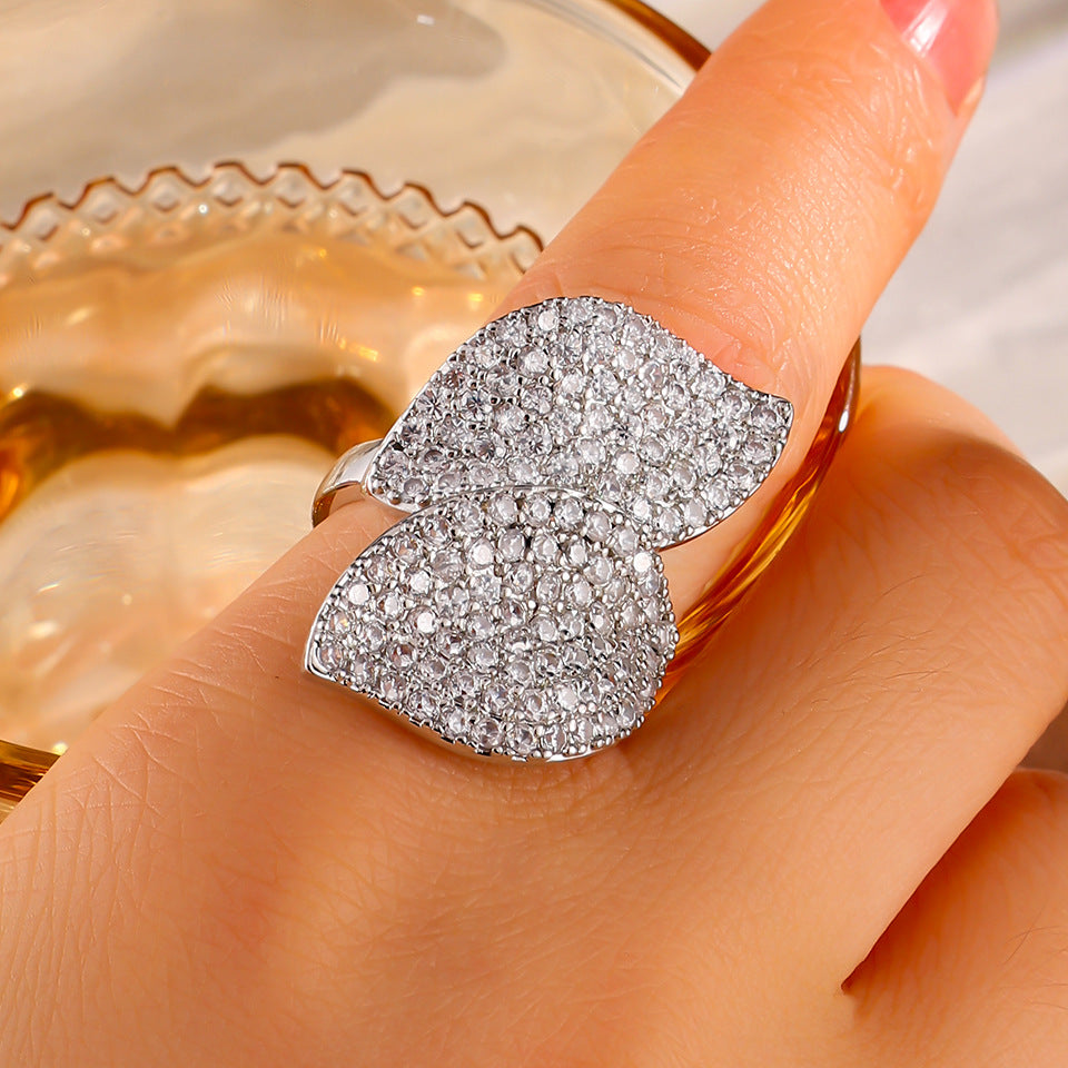 Femmes Double feuille Complet Pavé Cubic Zirconia Anneau réglable