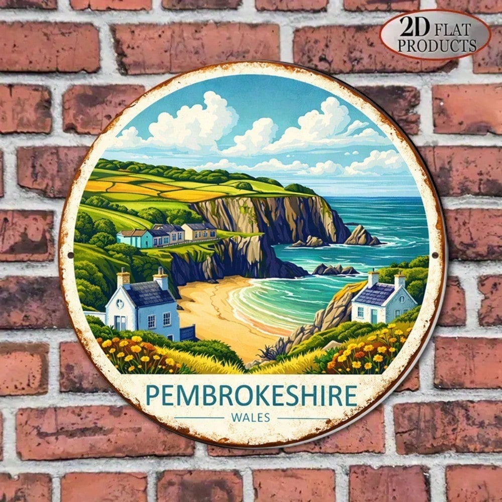 Pembrokeshire Wales Vintage Cottage Landmark Panneau mural rond