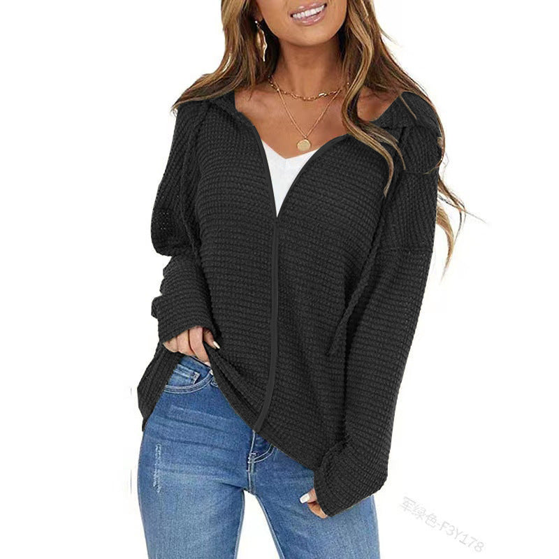 Femmes Waffle Knit Zip Up Hoodie Long Sleeve Drawstring Loose Casual Sweatshirt à capuche Jack