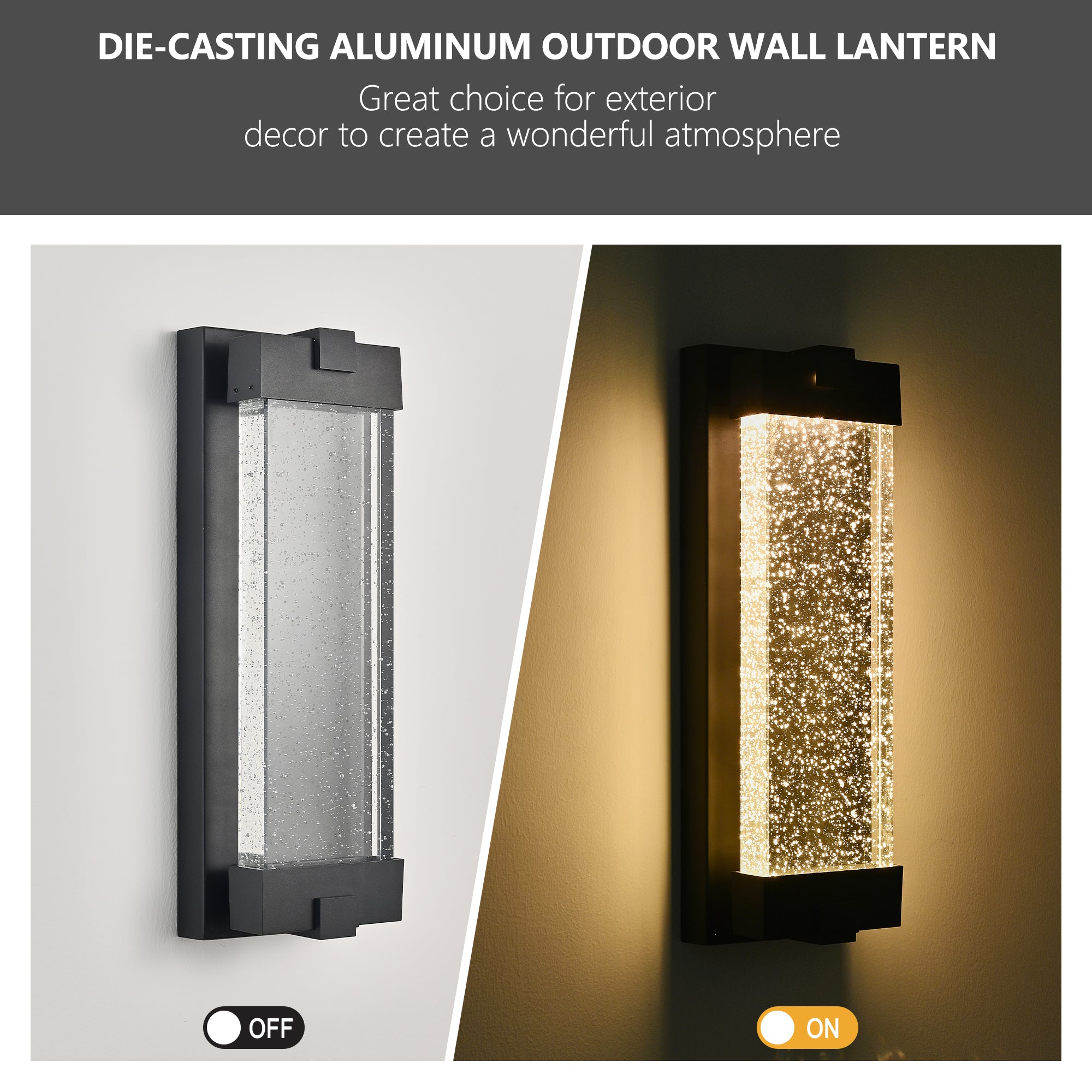 Luminaire mural extérieur en aluminium noir de 19"(H) avec verre en cristal bulle