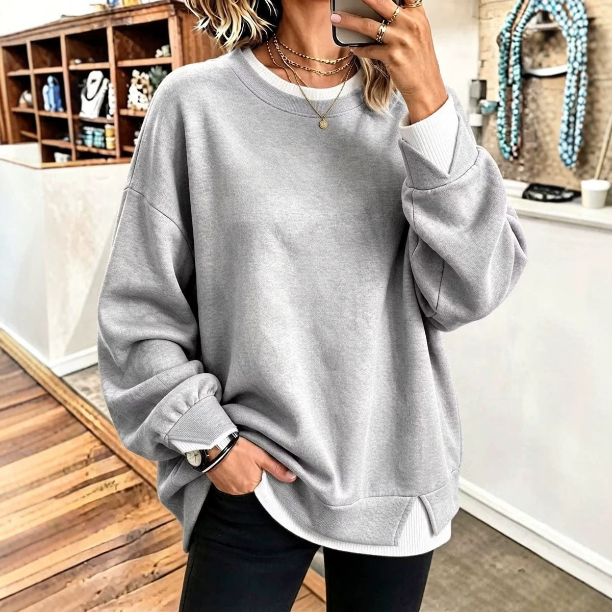 Col rond Patchwork à manches longues Pullover Sweatshirt de couleur unie