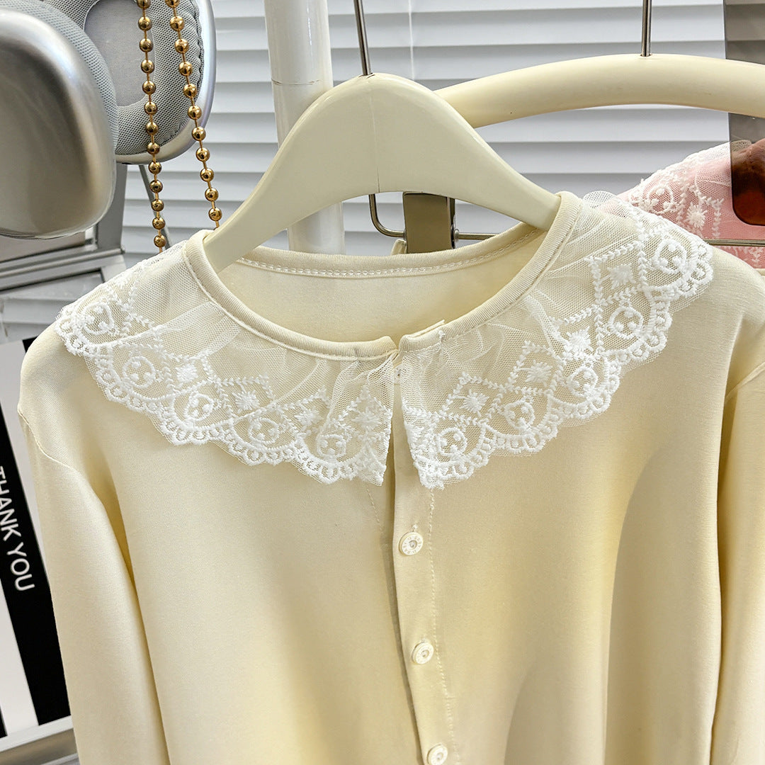 Fille's SpringSummer Cardigan Modal Collier de dentelle longue manches Pajama Set