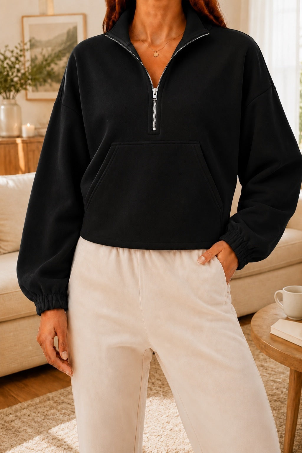 Hoodie de lapelle à half-zip avec un ajustement relaxant et des manches longues