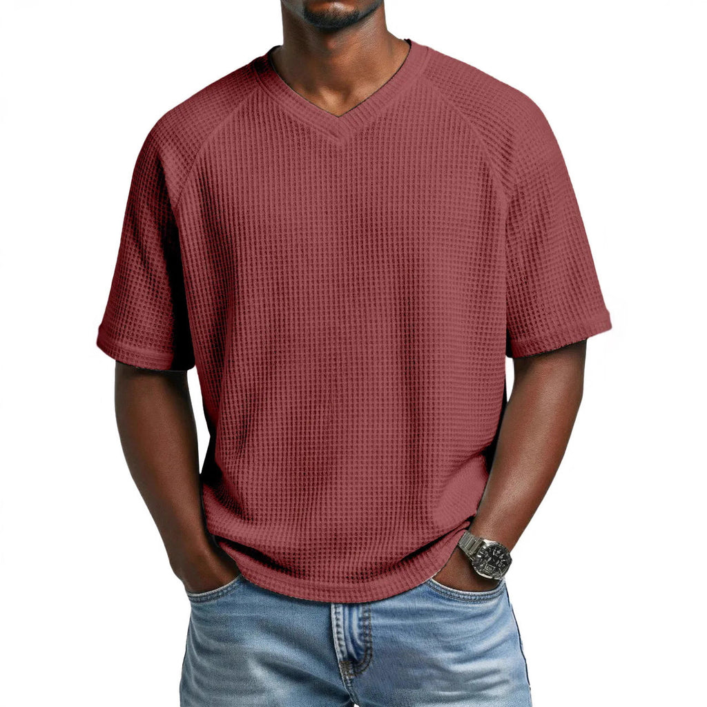 Hommes S Mode Waffle tricot côtelé manches V cou manches courtes T-shirt pour le transport quotidien