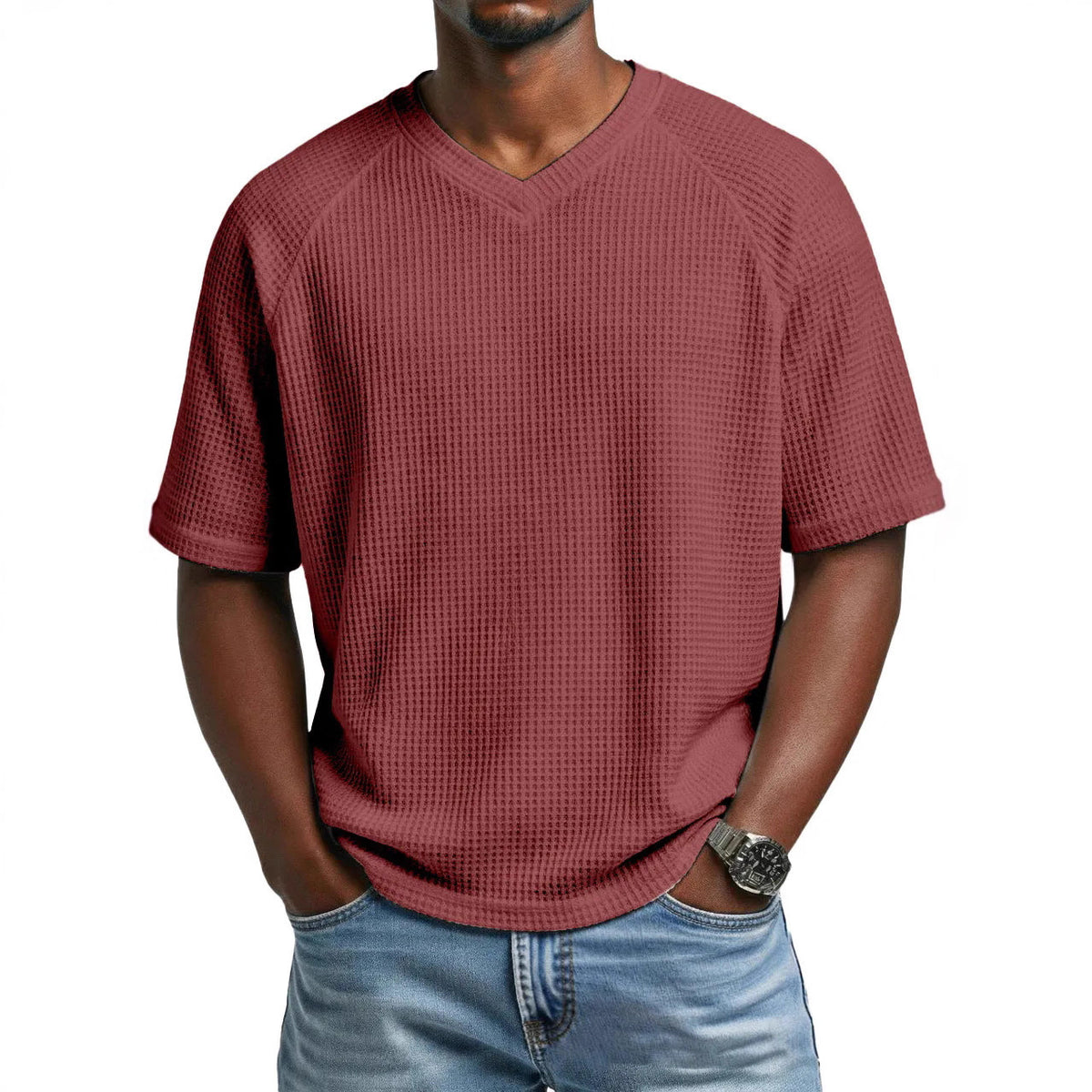 Hommes S Mode Waffle tricot côtelé manches V cou manches courtes T-shirt pour le transport quotidien