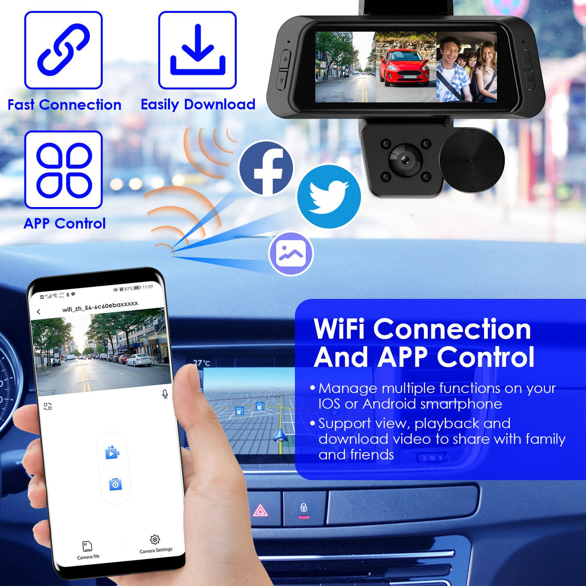 1080P FHD 3 Channel WiFi Dash Cam 170 Degree Wide Angle Caméra de voiture triple avec IR Night G