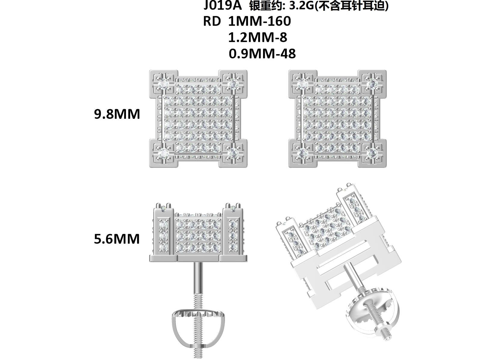 S925 Argent Sterling 216pcs D Couleur VVS1 Moissanite Boucles d'oreilles 3D Cube 3.2g Vis Hypoa