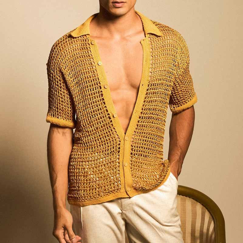 Homme Été Lapelle à couleur solide Hollow-Out Loose-Fit Respirant Manches courtes Top