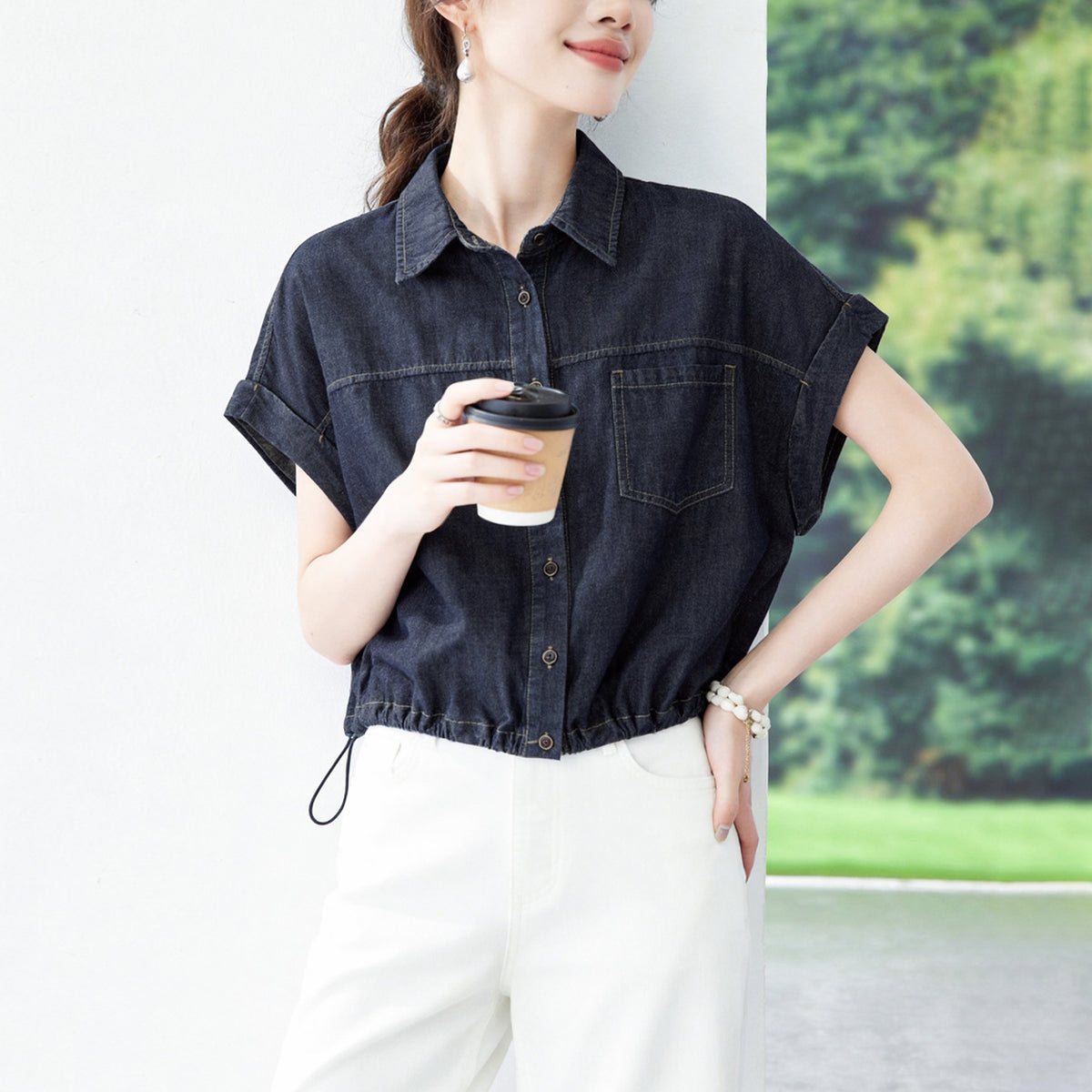 Drawstring Shirt Women's Relaxed-fit Versatile Crop Top Jacket