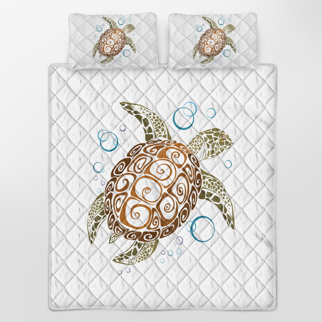 Gold Sea Turtle Quilt Set - Summer Lightweight Bedspread - Teen Beach Turtle Pattern - Sof