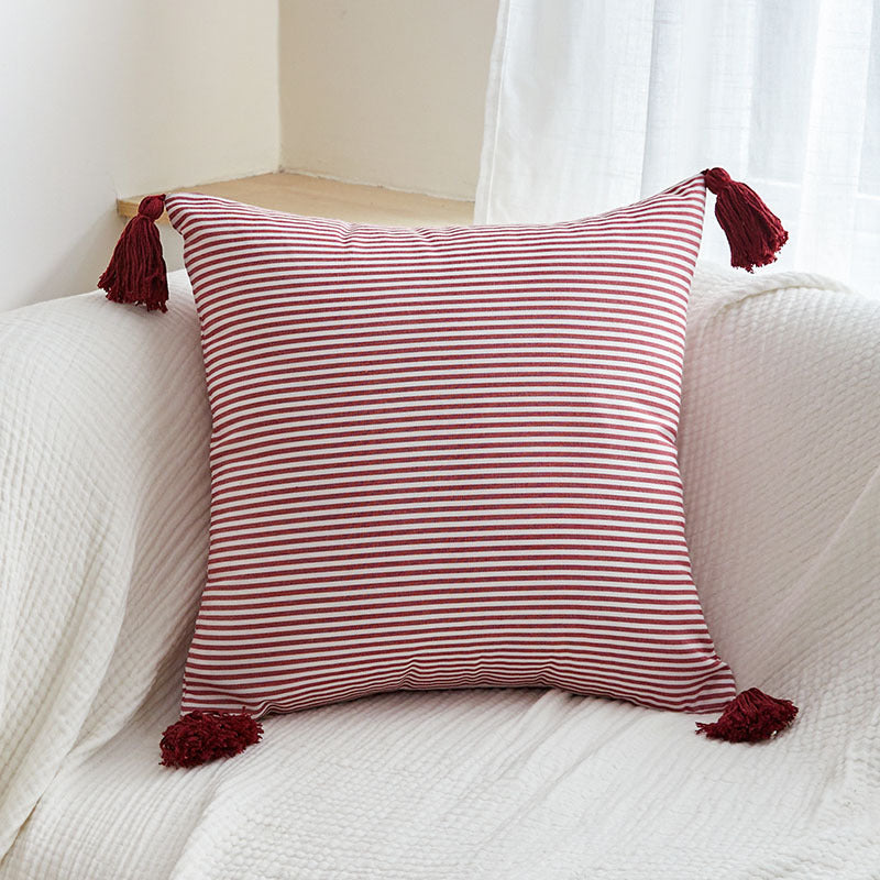 Oreiller rayé rouge et blanc en polyester-coton avec bords et déguisements