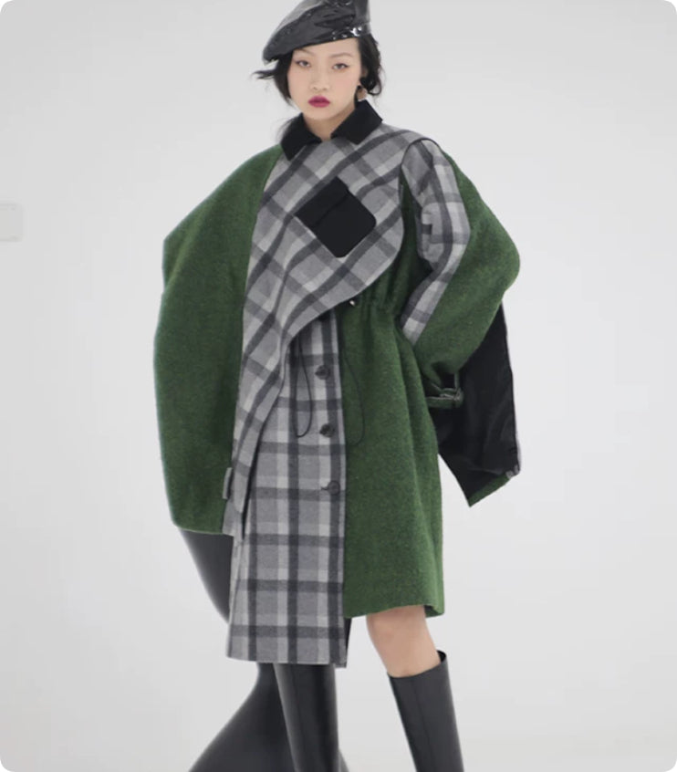 Patchwork vérifié Cape Tweed Coat amovible