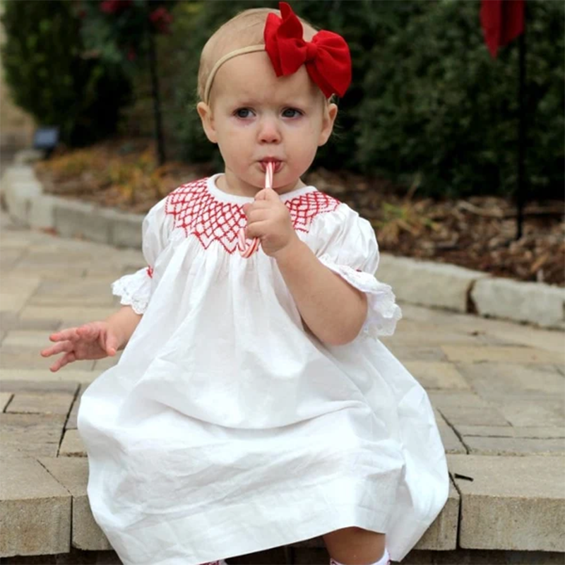 Bébé bébé fille Valentine robe de jour Dentelle courte manches rond Col blanc avec broderie rouge