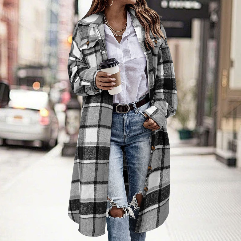 AutomneHiver Lapel Drop-Shoulder Casual Plaid Shirt avec poches de patch
