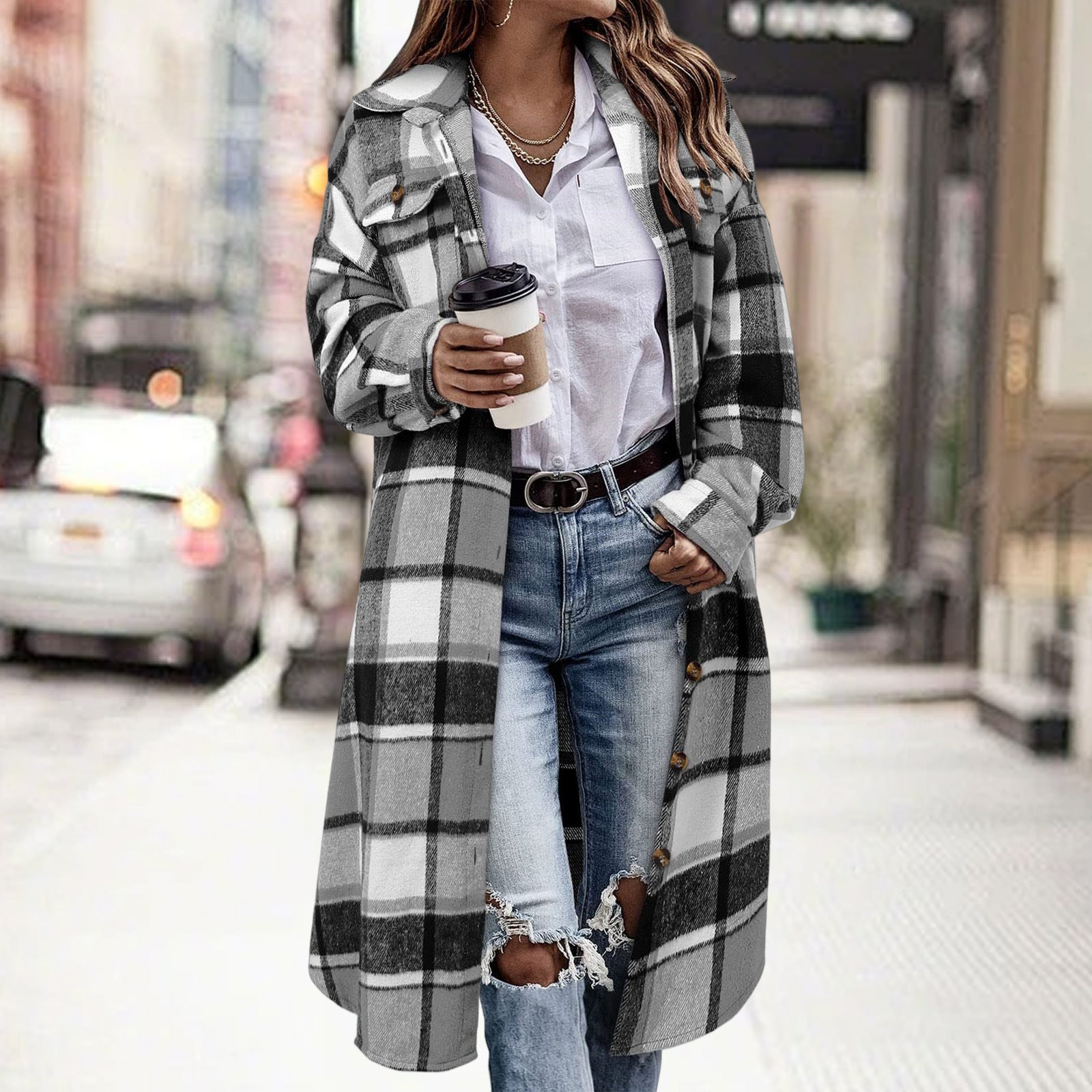 AutomneHiver Lapel Drop-Shoulder Casual Plaid Shirt avec poches de patch